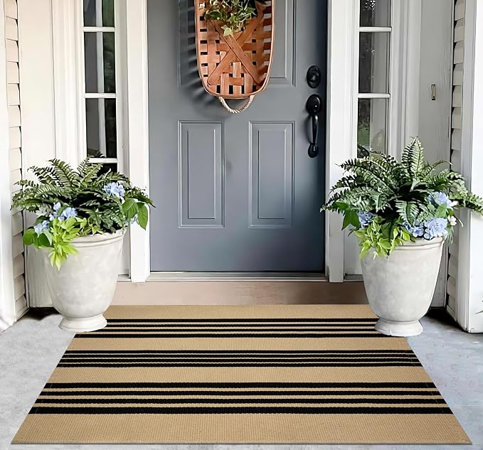 Striped Layered Doormat 27.5"x43",Tan and Black Front Porch Rug Cotton Woven Washable Farmhouse Entryway Rug Indoor Outdoor Front Door Mat for Porch/Entryway/Home Entrance Decor