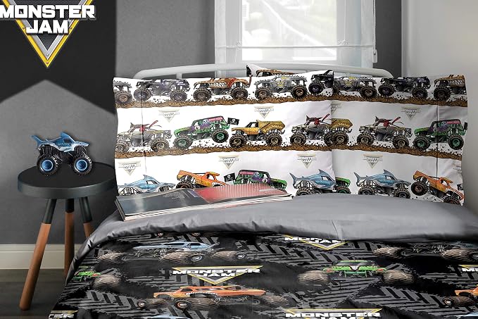 Jay franco Monster Jam Tracks 4 Piece Twin Bed Set - Includes Comforter & Sheet Set - Bedding Features Grave Digger & Megalodon - Super Soft Fade Resistant Microfiber (Official Monster Jam Product) | Grave Digger Megalodon, Comforter Sheets Pillowcase,...