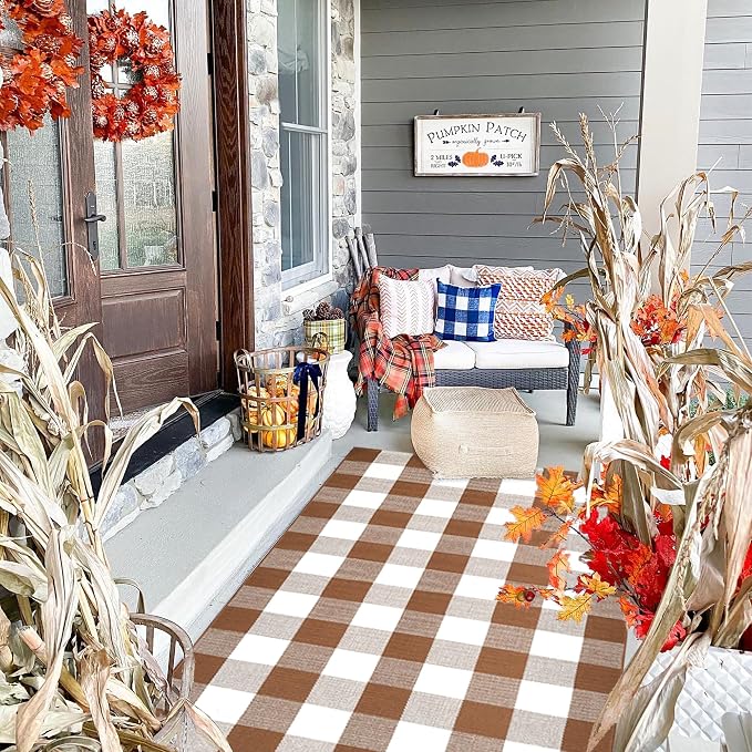 Ckorzen Coffee and White Plaid Rug, 4' x 6' Outdoor Front Porch Door Decor Mat, Washable Cotton Woven Farmhouse Area Rug for Layered Door Mats Carpet, Entryway, Easter Décor