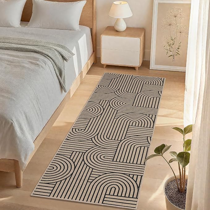 COZYLOOM Easy Jute Rugs for Entryway 2x6 Kitchen Runner Rug Non Slip, Modern Striped Washable Rug Stain Resistant Farmhouse Carpet Non Shedding Foldable Abstract Mats for Bedroom, Patio, Natural Color