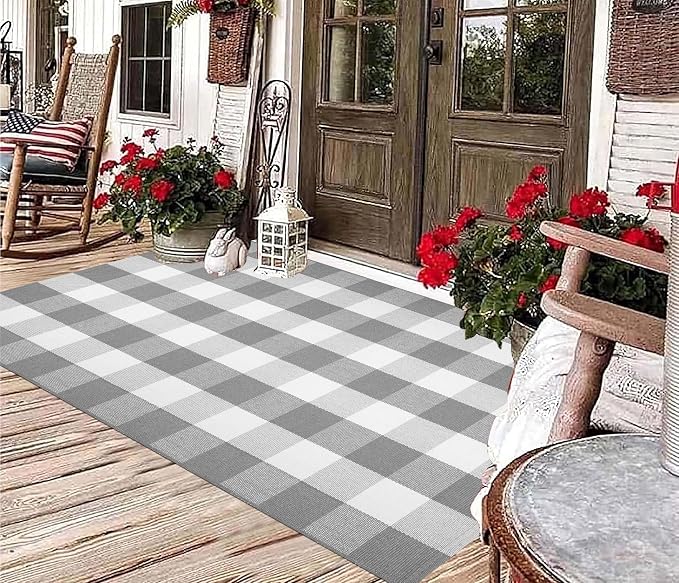 Grey and White Outdoor Rug 3'x5'Buffalo Plaid Checkered Front Porch Rug Machine Washable Farmhouse Front Door Mat Outdoor for Front Hello Welcome Mat,Bedroom,Entryway,Patio