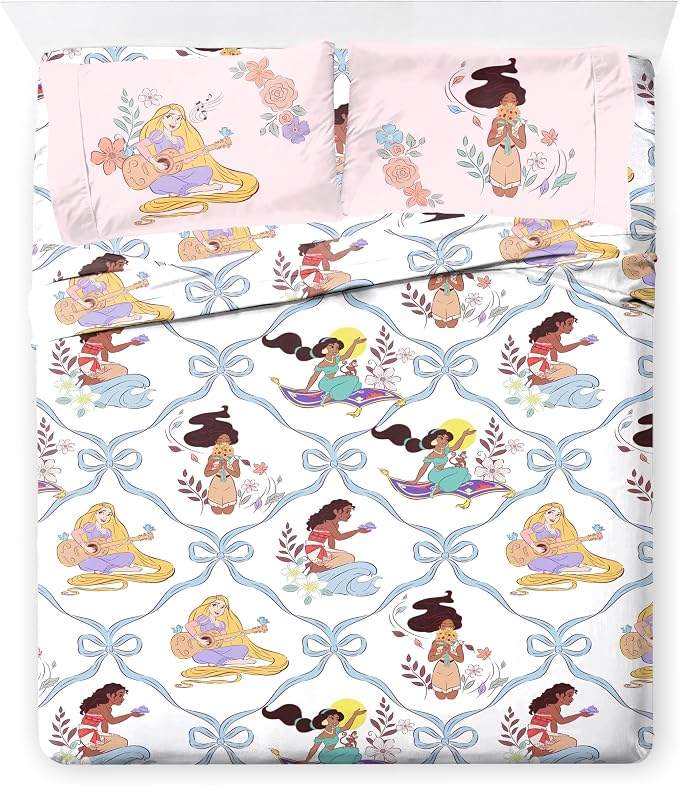 Disney Princess Queen Comforter Set 7 Piece Kids Bedding for Girls, Pink | Cinderella Rapunzel Belle, Bed in a Bag, Comforter Sheets Shams Pillowcases, Soft Microfiber, Machine Washable, Girls Gift