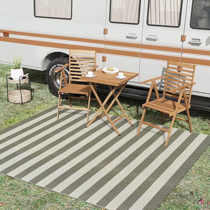 OJIA Outdoor Patio Rug 5'x7' Striped Washable Camping Rug Outdoor Carpet | Large Area Rugs Green Cotton Woven Thin Indoor Outdoor Rugs for Bedroom/Living Room/Front Porch Decor/Deck/Backyard/Camping