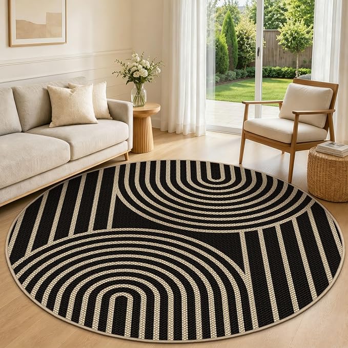 Capslpad Round Faux Jute Rug 6ft Washable Non Slip Area Rugs for Living Room Boho Circle Patio Carpet Low Pile Geometric Indoor Outdoor Rug for Backyard Bedroom Kitchen Entryway,Black&Nature