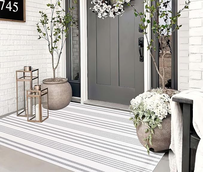 BUAGETUP Grey and White Outdoor Rug 3'x 5' Hand-Woven Cotton Washable Rug Striped Front Porch Rug Indoor/Outdoor Area Rug Floor Mat for Farmhouse/Layered Door Mats/Living Room