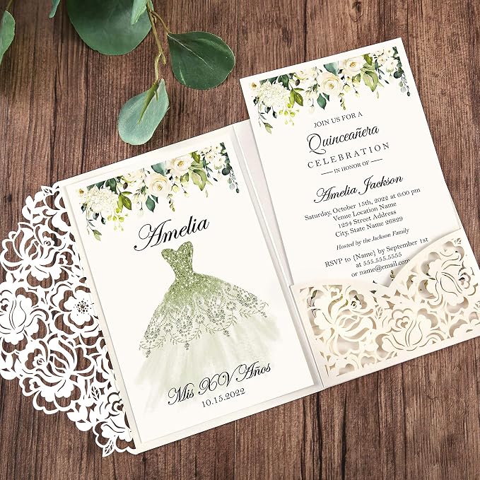 DORIS HOME 50Pcs Personalized Laser Cut Quinceanera Invitations, Ivory | 4.7"x7.1", Customized Quince Invitations, For 15th Birthday, Sweet 16, With Envelopes