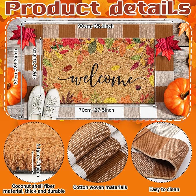 Moucuny 2 Pcs Fall Doormat Outdoor Maple Leaf Coir Welcome Mat 16'' x 28'', Layered Brown White Plaid Rug 24'' x 35'' for Fall Autumn Front Porch Entryway Entrance Decor