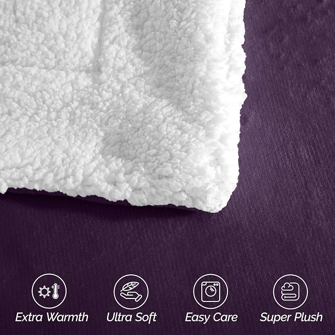 Elegant Comfort Ultra Soft Reversible Flannel Sherpa Blanket - Cozy Silky Fleece Throw for Couch, Bed - Plush Fuzzy Warm Winter Blanket for Gift, Twin, Purple