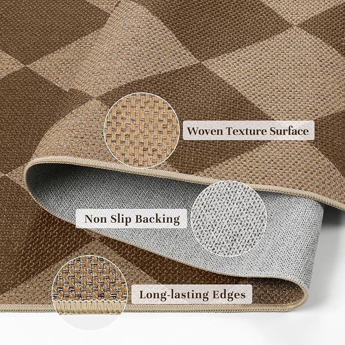 EDIMENS 2x6 Checkered Easy Jute Washable Kitchen Indoor Outdoor Runner Rug | Non Slip Front Door Runner Rug for Laundry Balcony Low Pile Rugs Brown Checkerboard Carpet for Hallway 6ft Entry