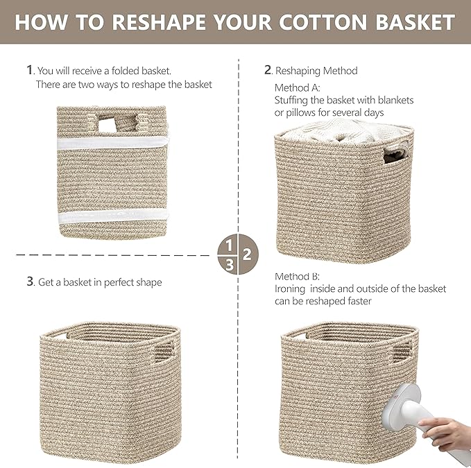 UBBCARE Storage Cubes 11 Inch, Cotton Rope Woven Baskets for Organizing, Cube Storage Bin for Baby Nursery, 2-Pack Square Toy Storage Baskets for Shleves Organizer, Closet, Kidsroom, All Browm