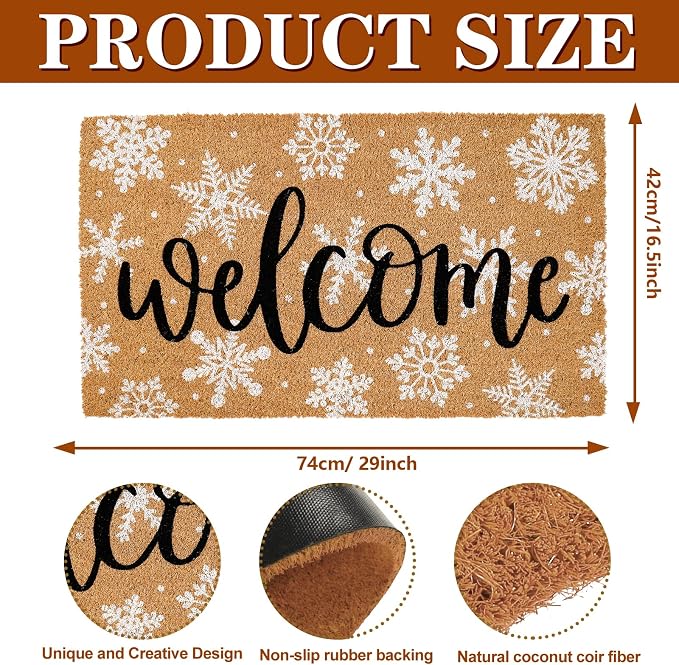 JarThenaAMCS Winter Natural Coir Doormat WhiteSnowflake Welcome Floor Mat Christmas Non-Slip Entrance Door Rug for Xmas Indoor Outdoor Home Bathroom Decor, 16.5 x 29 Inch