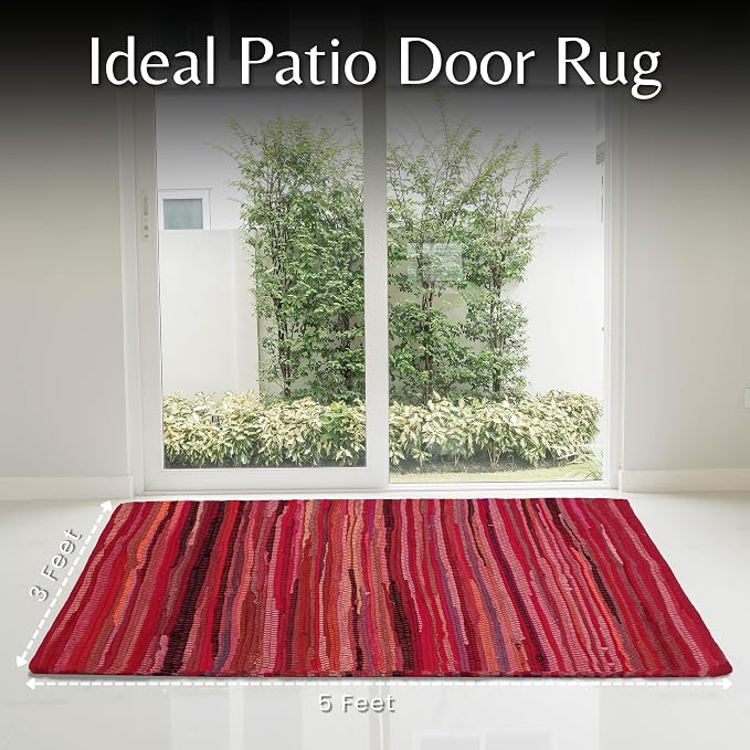 Ramanta Home Hand Woven Cotton Chindi Rug 3'x5' - Red, Braided Recycled 100% Cotton Rug for High Traffic Area, Farmhouse Boho Rugs for Living Room, Kitchen Entryway Bedroom Floor Mat - 36"x60"