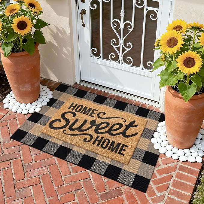 Buffalo Plaid Rug 2.3x3.6 Brown and Black Checkered Rug Grid Indoor Outdoor Doormat Porch Layering Carpet Cotton Woven Washable Area Mat for Patio Entryway Farmhouse Decor