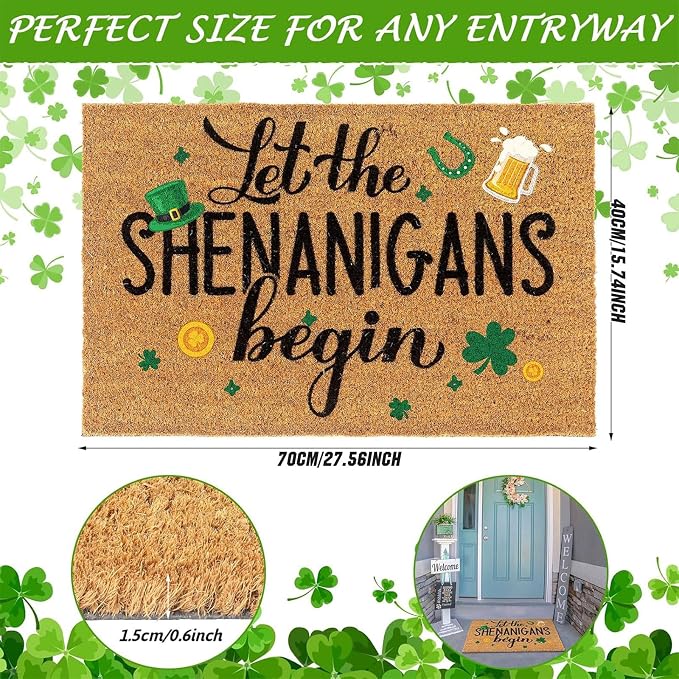 Ceenna St. Patrick's Day Welcome Doormat Outdoor St. Patrick's Day Coir Doormat with Non Slip Backing Shamrock Clover Green Irish Door Mat Front Porch Rugs for Home Entrance, 16 x 28Inches