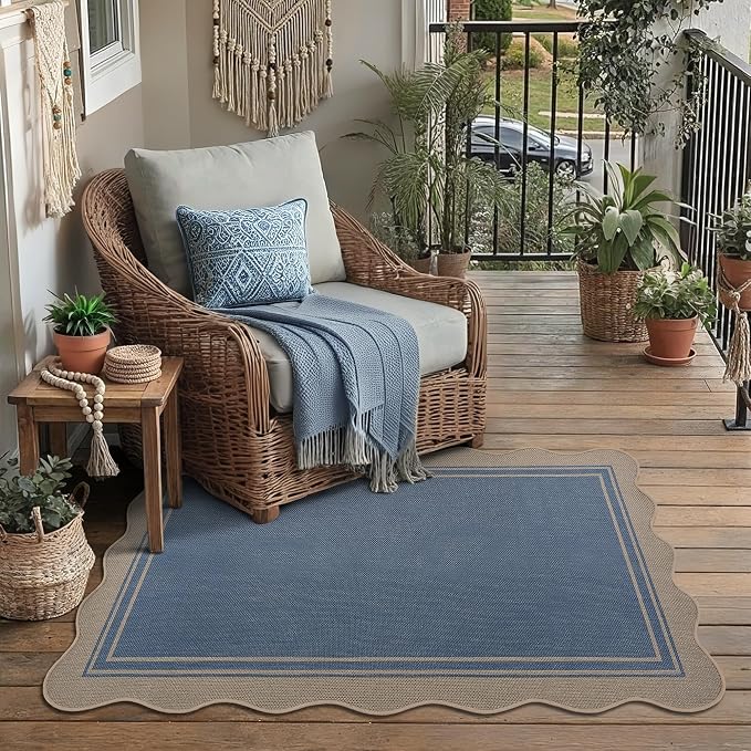 Easy Jute 3x5 Outdoor Rug Washable Non Slip Rug for Entryway Indoor Outdoor Farmhouse Neutral Scalloped Carpet for Backyard Patio Proch Living Room