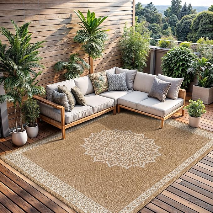 CAMILSON Outdoor Rug 8x10 Medallion Natural Modern Area Rugs for Indoor and Outdoor Patios Kitchen and Hallway Mats Washable Porch Deck Outside Carpet (Medallion Natural 8 x 10)