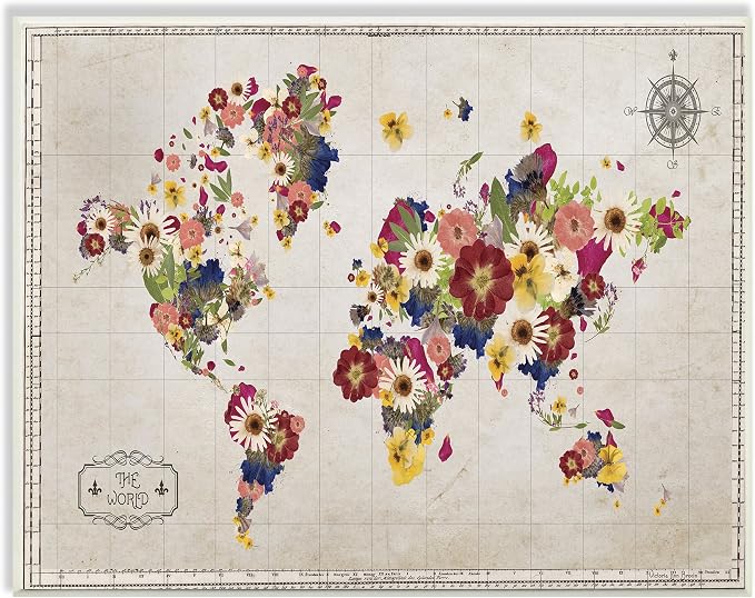 Stupell Home Décor Floral World Map Graphic Art Wall Plaque, 10 x 0.5 x 15, Proudly Made in USA