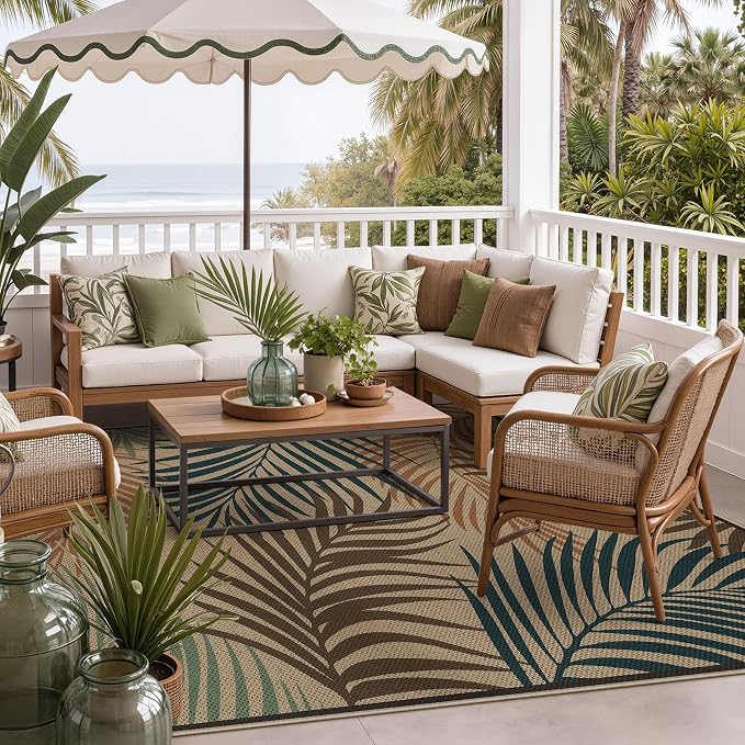 Tribesigns 5x7 Blue Green Coastal Easy Jute Patio Area Rug for Living Room | Washable, Non-Slip Coastal Leaf Design for Bedroom, Dining Room, Office and Indoor Outdoor Spaces, Includes 4 Rug Grippers