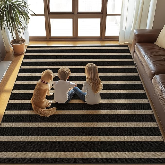Washable Striped Easy Jute Rug, 5x7 Black Outdoor Indoor Patio Farmhouse Geometric Large Area Rugs, Low Pile Lightweight Non Slip Carpet Mat for Living Dining Room Bedroom Classroom Backyard Kitchen