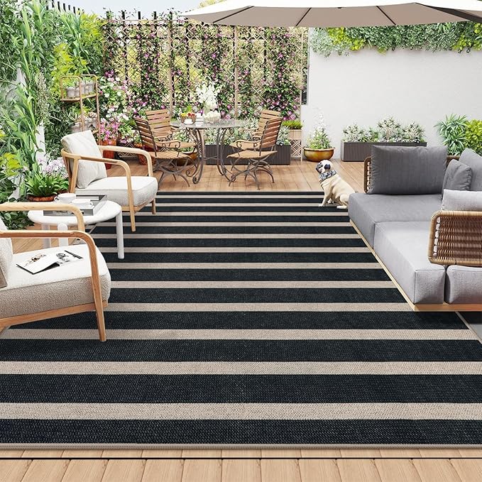 Lahome Striped Easy Jute Living Room Rug, 8x10 Outdoor Patio Rugs Washable | Black Indoor Area Rug, Modern Farmhouse Geometric Non Slip Non Shedding Carpet for Office Backyard Dining Room Sunroom