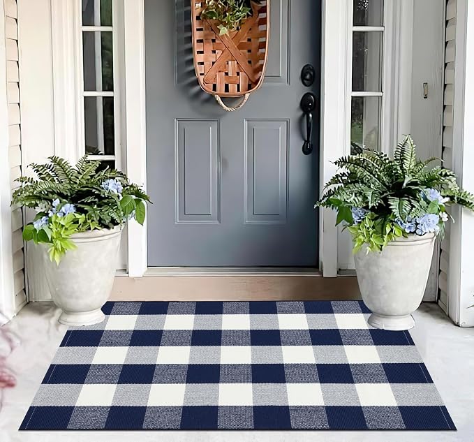 Buffalo Plaid Rug 27.5"x43" Blue White Fall Front Porch Rug Cotton Woven Washable Indoor Outdoor Rugs for Welcome Door Mat Entryway Dining Room Bedroom Living Room