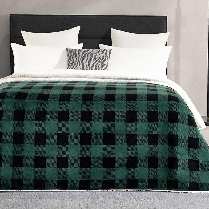 Elegant Comfort Ultra Soft Reversible Buffalo Plaid Flannel Sherpa Blanket - Cozy Silky Checkered Fleece Throw for Couch, Bed - Plush Fuzzy Warm Winter Blanket for Gift, Queen, Green