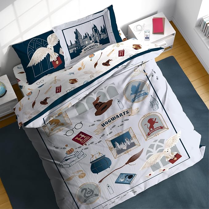 Harry Potter Queen Comforter Set 7 Piece Soft Hogwarts Bedding, Grey | Hedwig, Bed in a Bag, Comforter Sheets Shams Pillowcases, Official Product, Soft Microfiber, Machine Washable, Kids Gift
