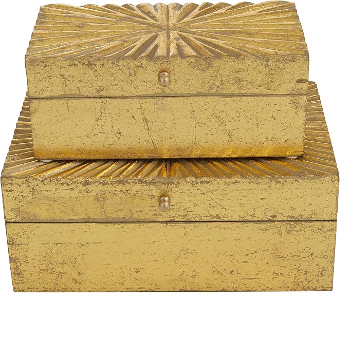 CosmoLiving by Cosmopolitan Wood Geometric Decorative Box Decorative Keepsake Boxes with Hinged Lid, Set of 2 Storage Boxes 10", 8"W, Gold