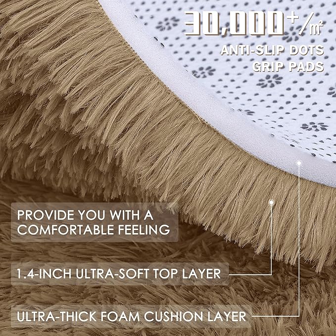 OLANLY Taupe Round Rugs for Bedroom - Machine Washable, 8 ft Circle Area Rugs for Living Room, Soft and Fluffy Shaggy Carpet for Teen Girl and Boys, Nursery Rooms, Dorms, Home Decor Aesthetic