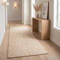 THE BEER VALLEY Jute Cotton Geometric Runner Rug 2x6 Feet - Natural White | Large Boho Kitchen Chevron Runners for Hallways, Easy Care Ivory Beige Laundry Room Rugs