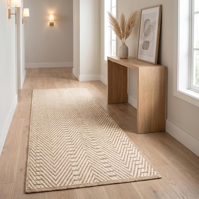 THE BEER VALLEY Jute Cotton Geometric Runner Rug 2x6 Feet - Natural White | Large Boho Kitchen Chevron Runners for Hallways, Easy Care Ivory Beige Laundry Room Rugs