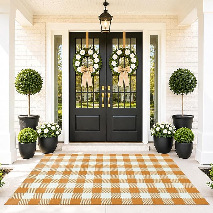 Caramel and White Buffalo Plaid Rug 4'x6', Machine Washable Layering Mat for Front Door, Entryway, Kitchen, Indoor Outdoor Low Profile Cotton Woven Check Rug