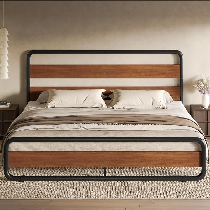 SHA CERLIN King Size Metal Bed Frame with Wooden Headboard and Footboard, Heavy Duty Platform Bed Frame with 10" Under-Bed Storage, Noise-Free, No Box Spring Needed, Vintage Walnut