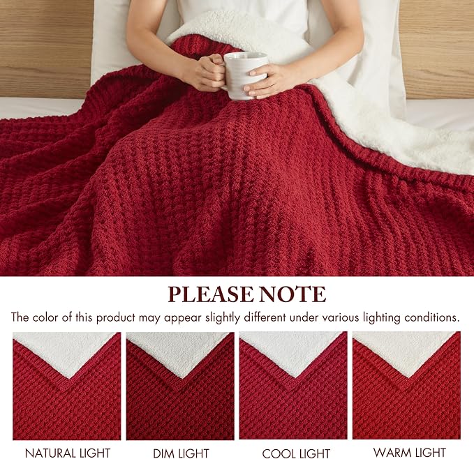 Madison Park Rowan Sherpa Throw Blanket Waffle Weave, 50 x 60, Red | Cozy Warmth for Sofa or Bed, Reversible, Lightweight, Farmhouse, OEKO-TEX Certified