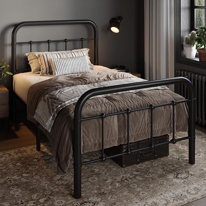 Allewie Twin Metal Bed Frame with Victorian Iron-Art Headboard, Black | Victorian Style Wrought Iron-Art Headboard/Footboard, Easy Assembly, Under Bed Storage, No Box Spring Required