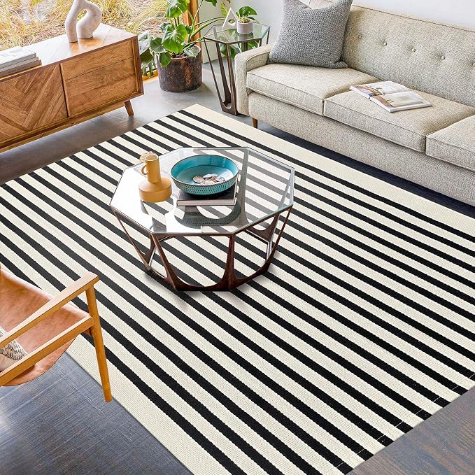 KILOCOCO Beige Striped Rug 5x7 Area Rugs for Living Room Washable Porch Rug | Machine Washable Front Door Rug, Cotton Outdoor Rugs, Low Pile Bedroom Rug, Woven Layered Rugs for Patio Dining Room