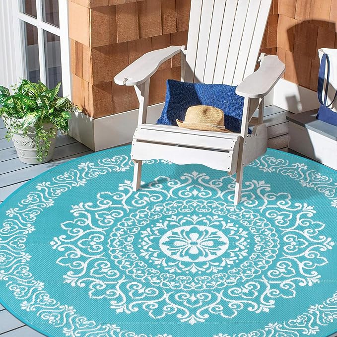 Pauwer Outdoor Rug 8ft, Waterproof Plastic Straw Camping Rug, Floral Teal | Reversible Patio Rug, UV Resistant Indoor Outdoor RV Mat Carpet For Deck, Camper, Porch, Balcony, Backyard, Picnic, Foldable