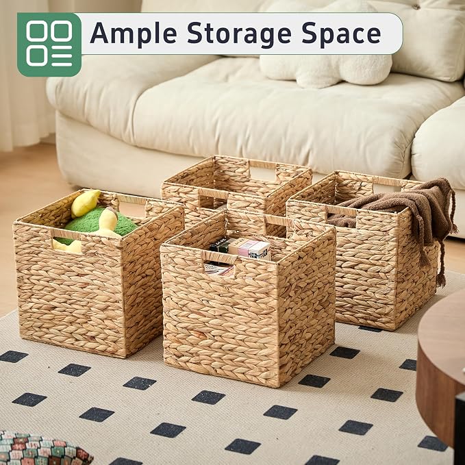 11x11x11 Wicker Storage Basket Set of 4, Water Hyacinth Woven Basket with Handles, Wicker Cube Storage Bins for Shelves, Foldable Square Storage Cubes for Living Room Bedroom Organizing, Natural