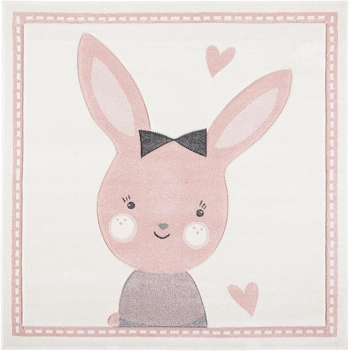 SAFAVIEH Carousel Kids Collection Area Rug - 5'3" Square, Ivory & Pink, Bunny Design, Non-Shedding & Easy Care, Ideal for High Traffic Areas for Boys & Girls in Playroom, Nursery, Bedroom (CRK166A)