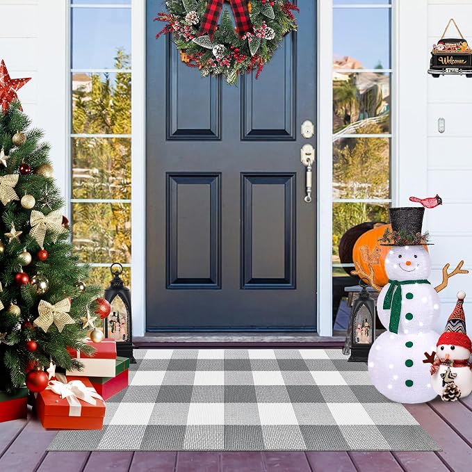 Buffalo Plaid Outdoor Rug 2x3 Cotton Woven Rug Grey and White Checkered Rug Washable Front Porch Fall Layered Door Mats Carpet for Indoor Outdoor Entryway Farmhouse Decor Area Rug