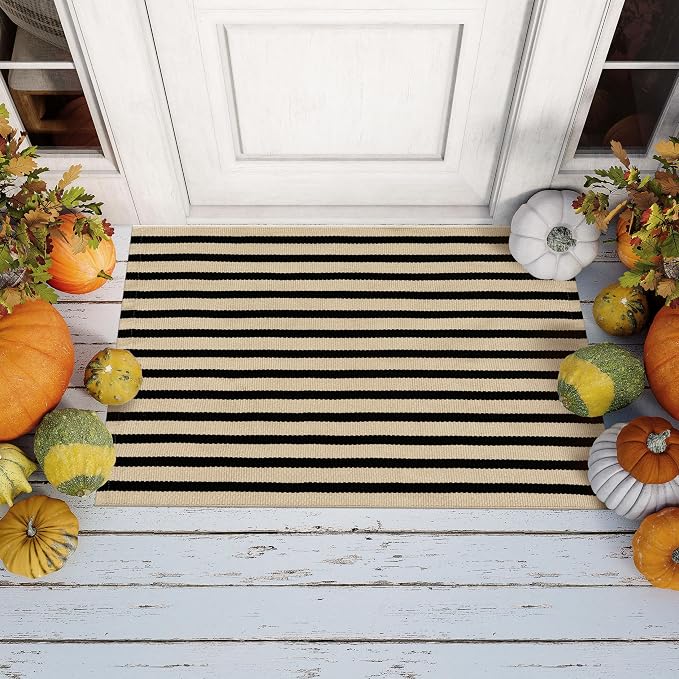 OJIA Front Door Mat Outside Entrance 24"x35" Front Door Rug Porch Rug Decor | Woven Washable Striped Outdoor Rugs Entryway Rugs Indoor Small Area Rug for Kitchen/Entry, Tan and Black Outdoor Doormat