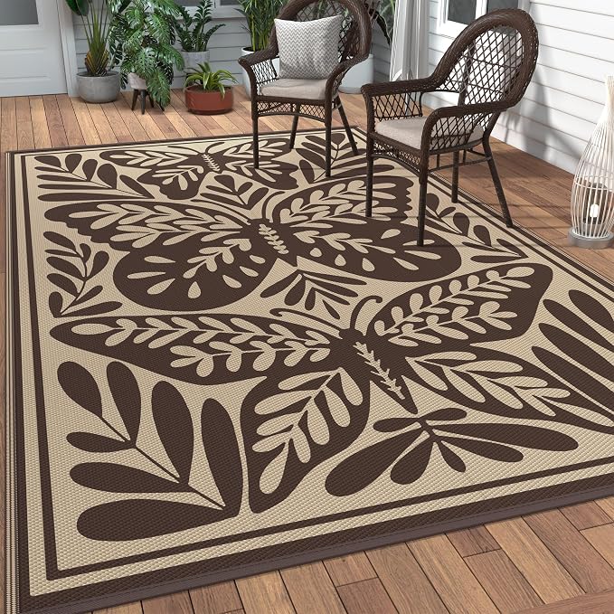 GENIMO Outdoor Rug, Waterproof Plastic Rugs for Patio, 6'x9' Latte Beige | Outside Larger Leaf Carpet Mat for Porch Decor, Deck, Balcony, Camping, RV, Backyard, Picnic, Beach, Reversible, Foldable
