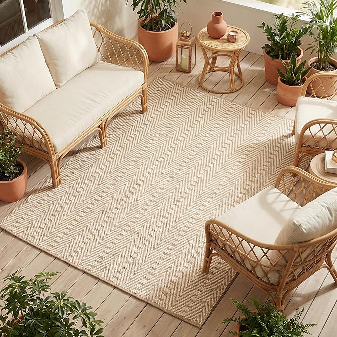 THE BEER VALLEY Jute Cotton Geometric Area Rug 5x7 Feet - Natural White | Large Boho Neutral Fiber Rugs for Living Room, Easy Care Ivory Beige Dining Décor Carpet
