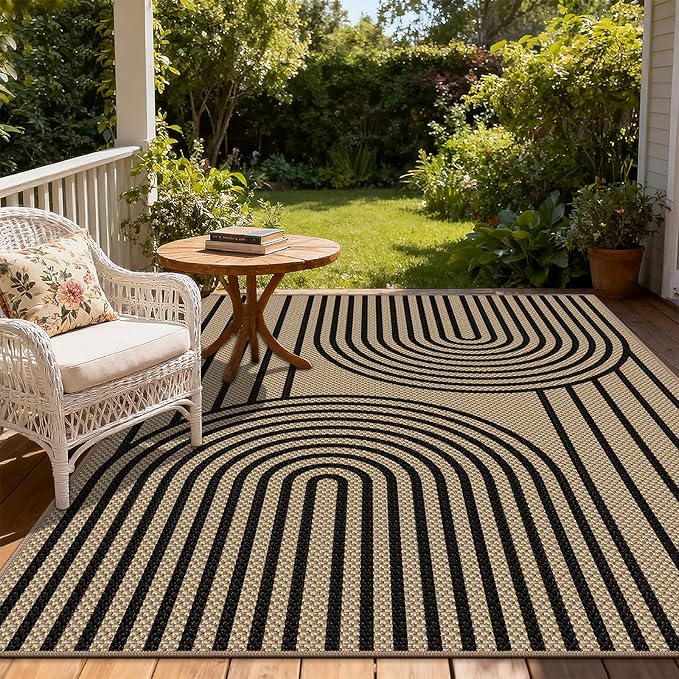 Faux Jute Rug for Living Room, 5' x 7' Area Rug, Black Farmhouse Ultra-Thin Washable Non-Slip Outdoor Rug for Bedroom, Dining Room, Backyard, Home Decor
