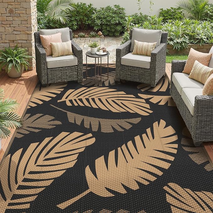 GENIMO Outdoor Rug, Waterproof Plastic Rugs for Patio, 9'x12' Black Brown | Outside Larger Leaf Carpet Mat for Porch Decor, Deck, Balcony, Camping, RV, Backyard, Picnic, Beach, Reversible, Foldable