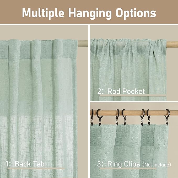 LAMIT Faux Linen Curtains 63 inches Long for Bedroom, Back Tab and Rod Pocket Linen Drapes Light Filtering Semi Sheer Curtains for Small Window/Farmhouse, 2 Panels (52 x 63 Inch, Light Sage)