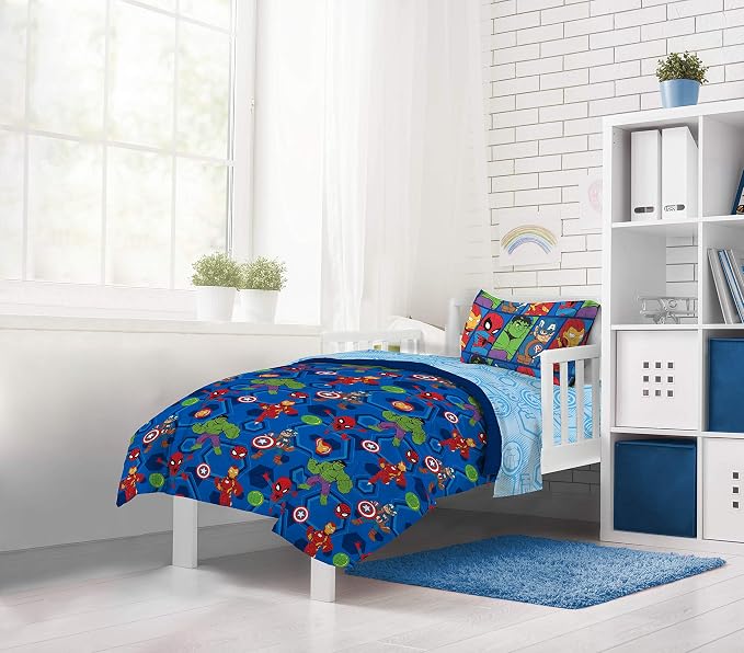 Marvel Avengers Toddler Size Comforter Set 4 Piece Kids Bedding, Blue | Spiderman Superhero, Comforter Sheets Pillowcase, Official Product, Soft Microfiber, Machine Washable, Easy Care, Boys Gift