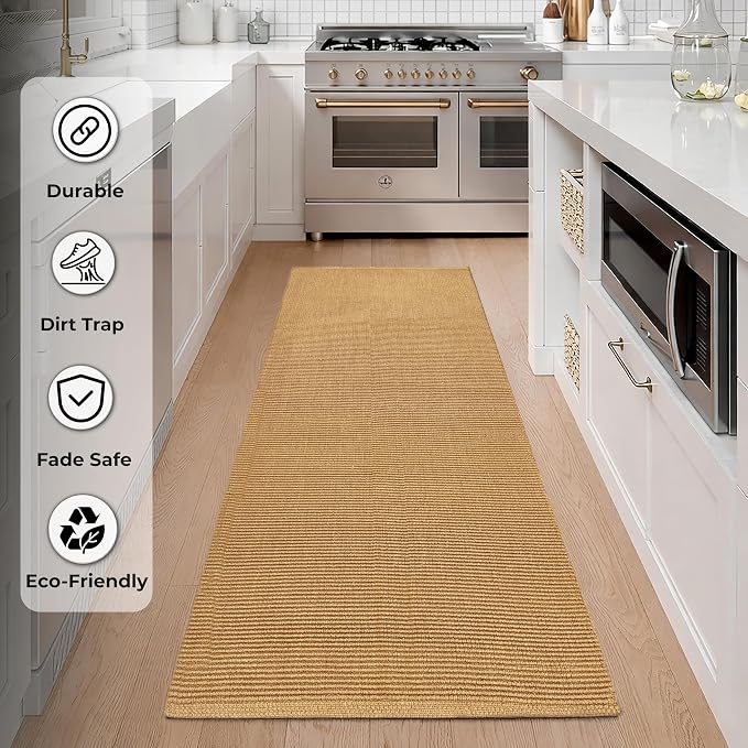 THE BEER VALLEY Woven Kitchen Runner Rug 2x6 Feet - Tan | Non Slip Outdoor Long Entry Door Runners for Hallways, Washable Indoor Bathroom Low Profile Rustic Rugs