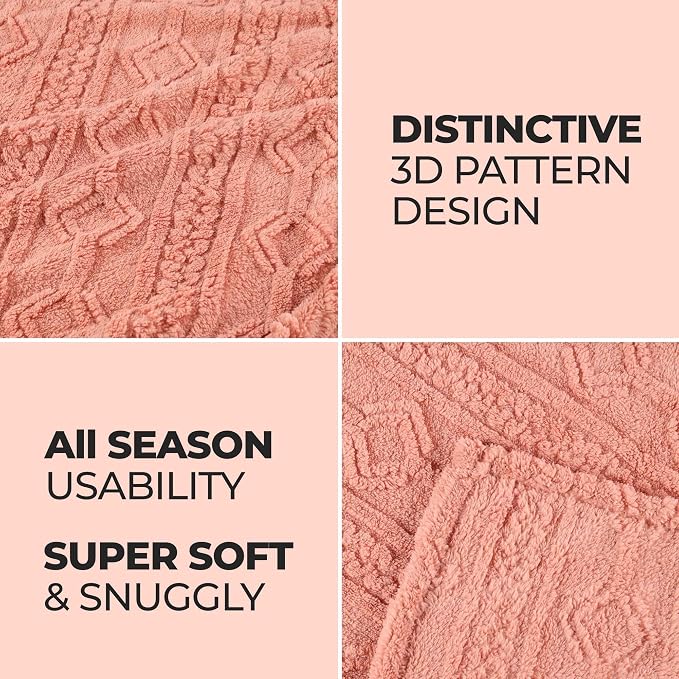 SUPERIOR Fleece Boho Jacquard Blanket, Decorative Blankets for Bedroom, Sofa, Fuzzy, Plush, Fluffy, Soft, Cute Room Decor, Beautiful Cover, Comfort Essentials, Arctic Collection, Full/Queen, Blush