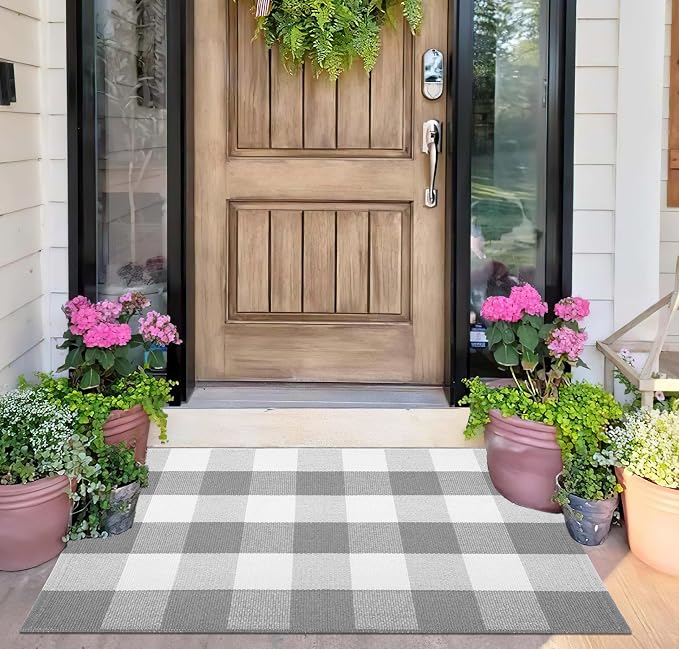 Buffalo Plaid Rug 24''x35''Grey and White Checkered Mat Cotton Machine Washable Carpet Layering Rug for Hello/Welcome Door Mat Front Porch, Kitchen, Farmhouse, Entryway,Bathroom